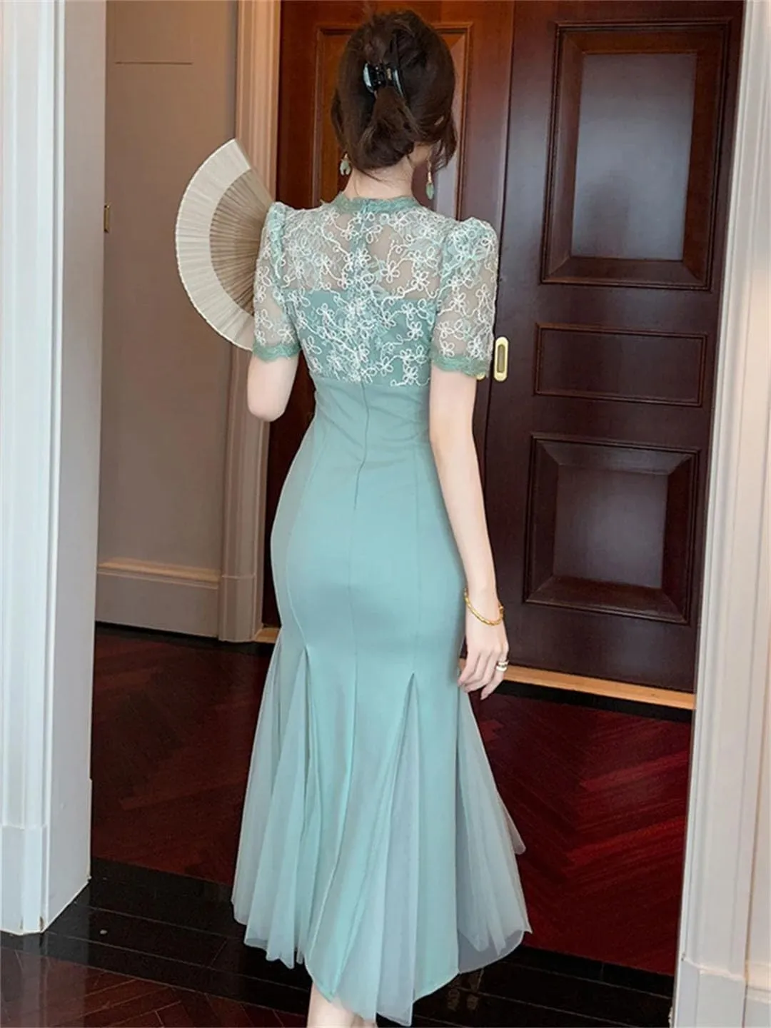 Women Elegant Prom Long Dress for Celebrity Perspective Mesh Splice Lace Embroidery Fishtail Robe Dress