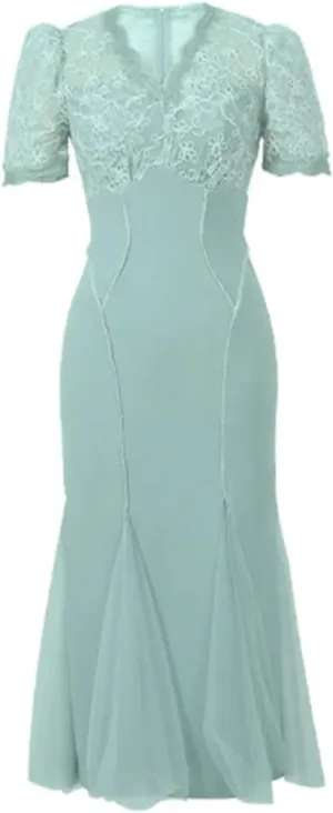Women Elegant Prom Long Dress for Celebrity Perspective Mesh Splice Lace Embroidery Fishtail Robe Dress