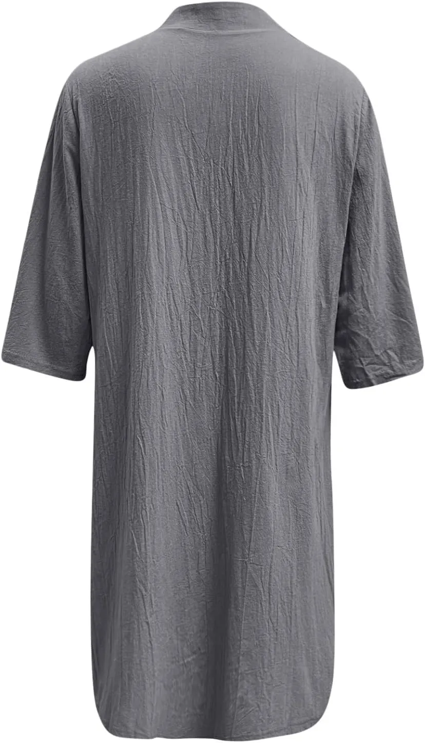 Women Half Sleeve Cotton Linen Short Shirt Dress Button Down Lapel Knee Length Dress Casual Summer Beach Cute Dresses