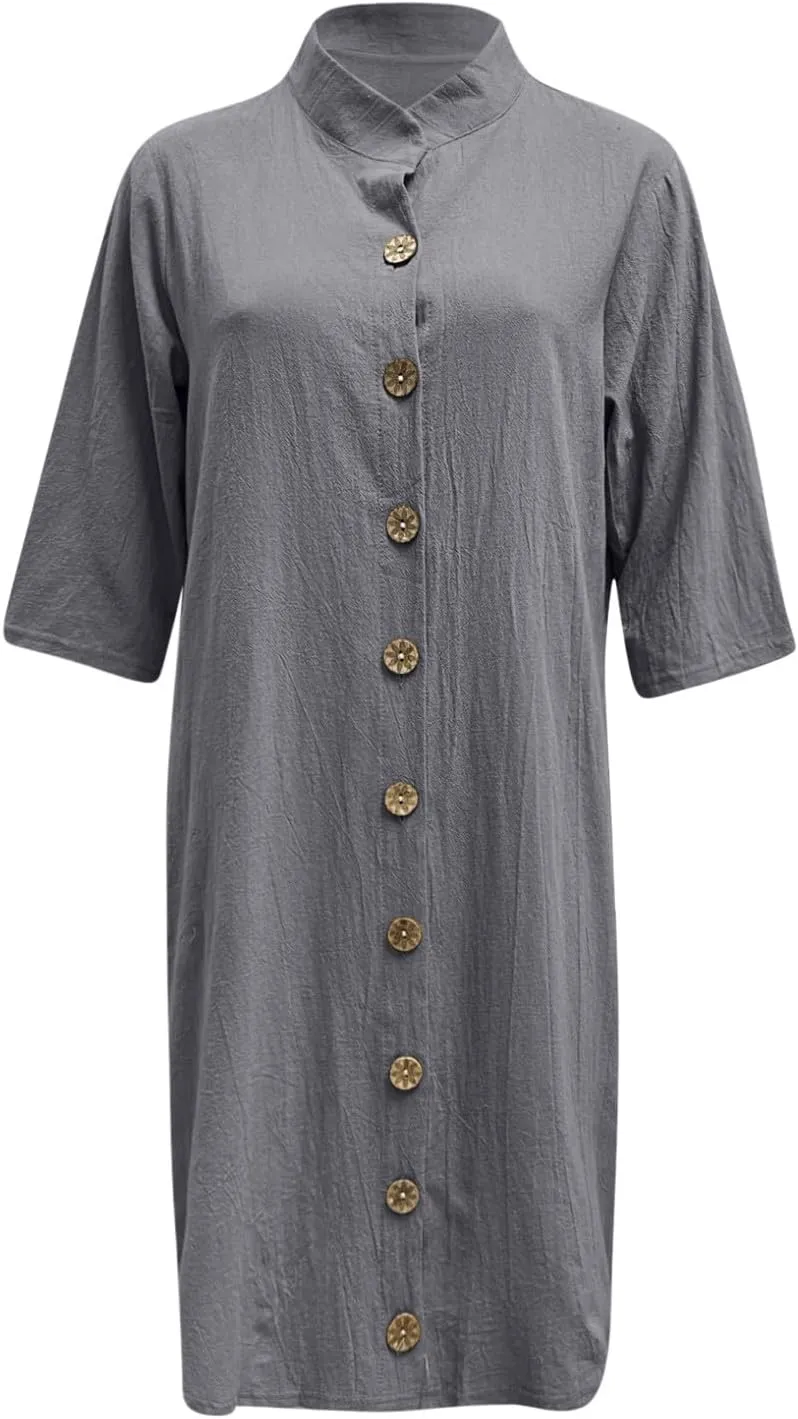 Women Half Sleeve Cotton Linen Short Shirt Dress Button Down Lapel Knee Length Dress Casual Summer Beach Cute Dresses