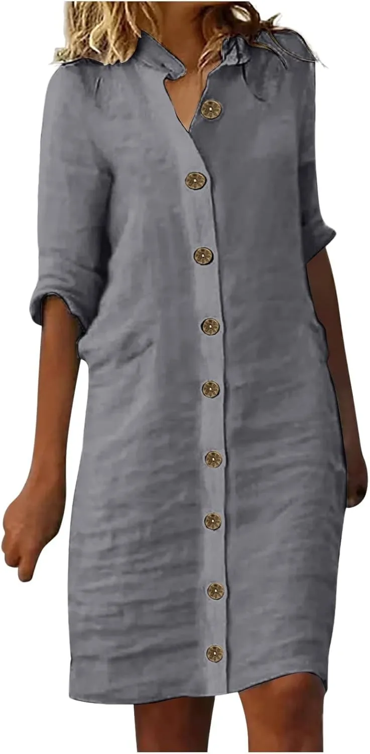 Women Half Sleeve Cotton Linen Short Shirt Dress Button Down Lapel Knee Length Dress Casual Summer Beach Cute Dresses