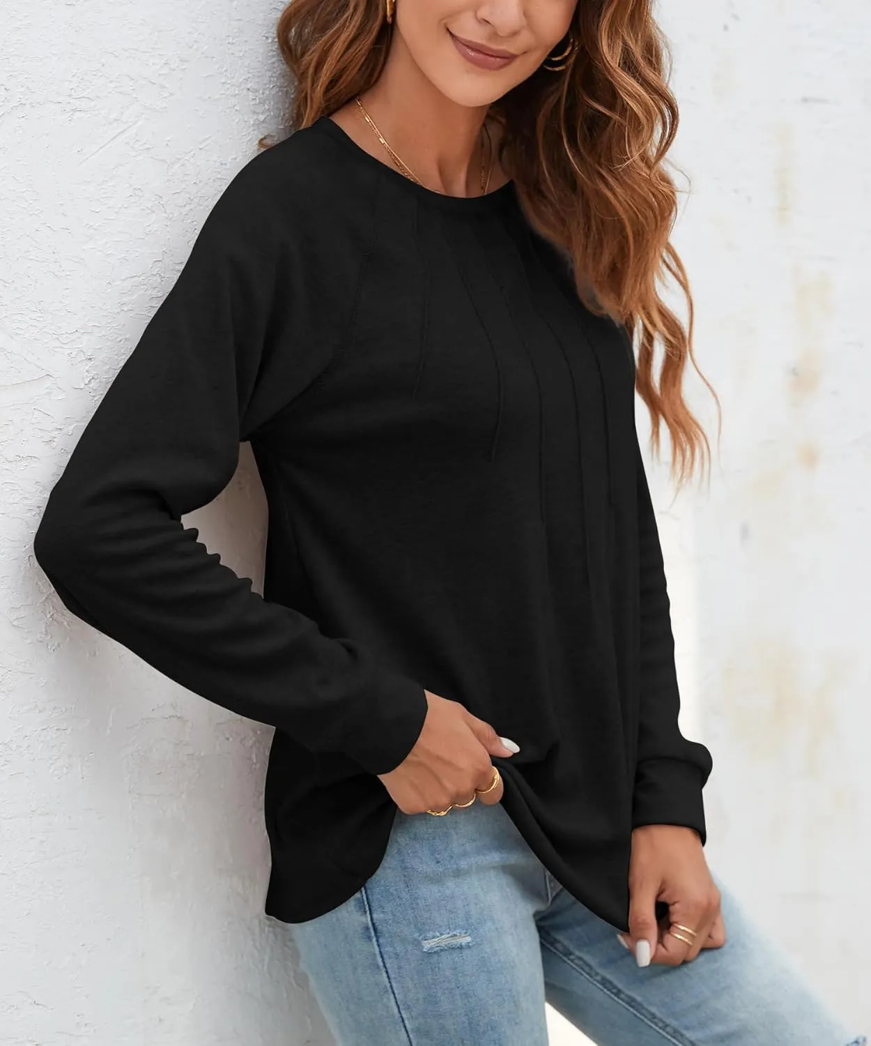 Women Long Sleeve Shirts Casual Tops Dressy Blouses Fashion Pleated Tunic