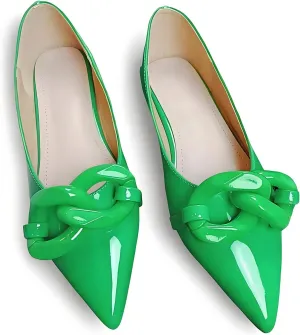Women Patent Leather Pointed Toe Ballet Flats with Chain Embellishment Daily Shoes