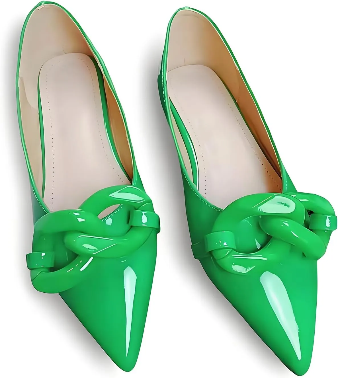 Women Patent Leather Pointed Toe Ballet Flats with Chain Embellishment Daily Shoes