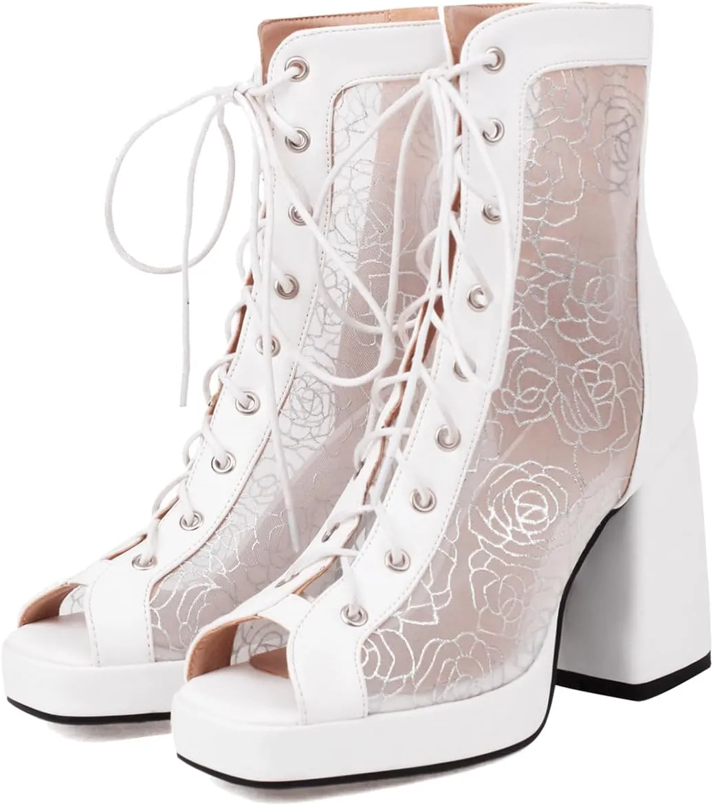 Women Platform Chunky Heel Sandal Booties Open Peep Square Toe Mesh Bootie Lace Up Gladiator Sandal Block High Heels Zipper Summer Boots Snakeskin Embroidered Caged Shoes Dressy 4-14 M US