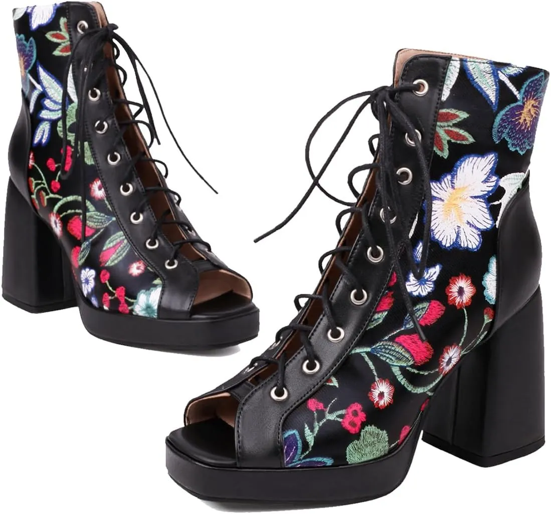 Women Platform Chunky Heel Sandal Booties Open Peep Square Toe Mesh Bootie Lace Up Gladiator Sandal Block High Heels Zipper Summer Boots Snakeskin Embroidered Caged Shoes Dressy 4-14 M US