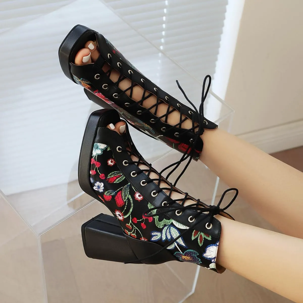 Women Platform Chunky Heel Sandal Booties Open Peep Square Toe Mesh Bootie Lace Up Gladiator Sandal Block High Heels Zipper Summer Boots Snakeskin Embroidered Caged Shoes Dressy 4-14 M US