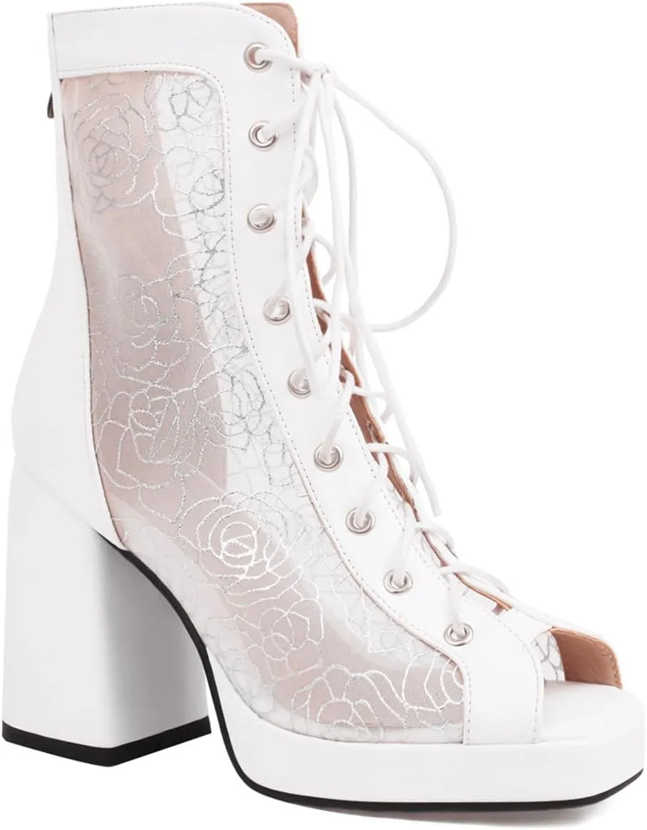 Women Platform Chunky Heel Sandal Booties Open Peep Square Toe Mesh Bootie Lace Up Gladiator Sandal Block High Heels Zipper Summer Boots Snakeskin Embroidered Caged Shoes Dressy 4-14 M US