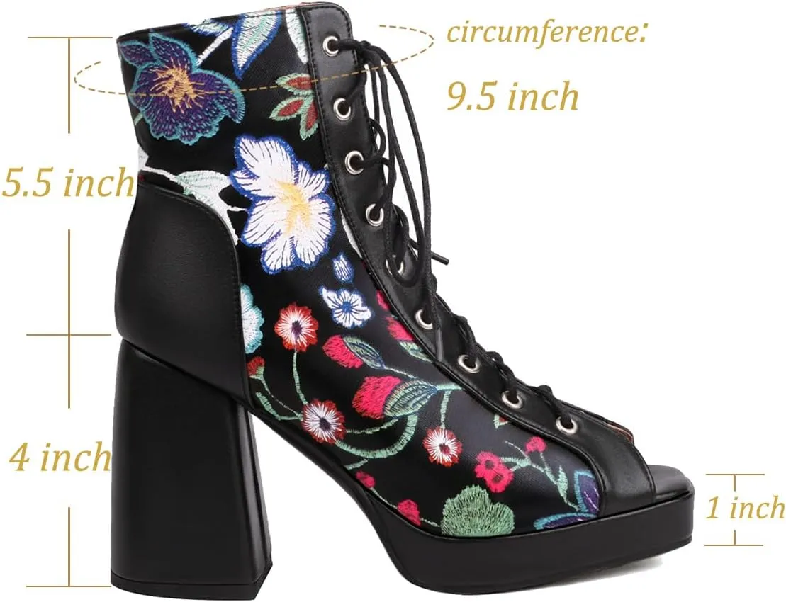 Women Platform Chunky Heel Sandal Booties Open Peep Square Toe Mesh Bootie Lace Up Gladiator Sandal Block High Heels Zipper Summer Boots Snakeskin Embroidered Caged Shoes Dressy 4-14 M US