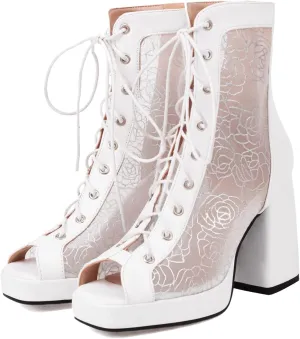 Women Platform Chunky Heel Sandal Booties Open Peep Square Toe Mesh Bootie Lace Up Gladiator Sandal Block High Heels Zipper Summer Boots Snakeskin Embroidered Caged Shoes Dressy 4-14 M US
