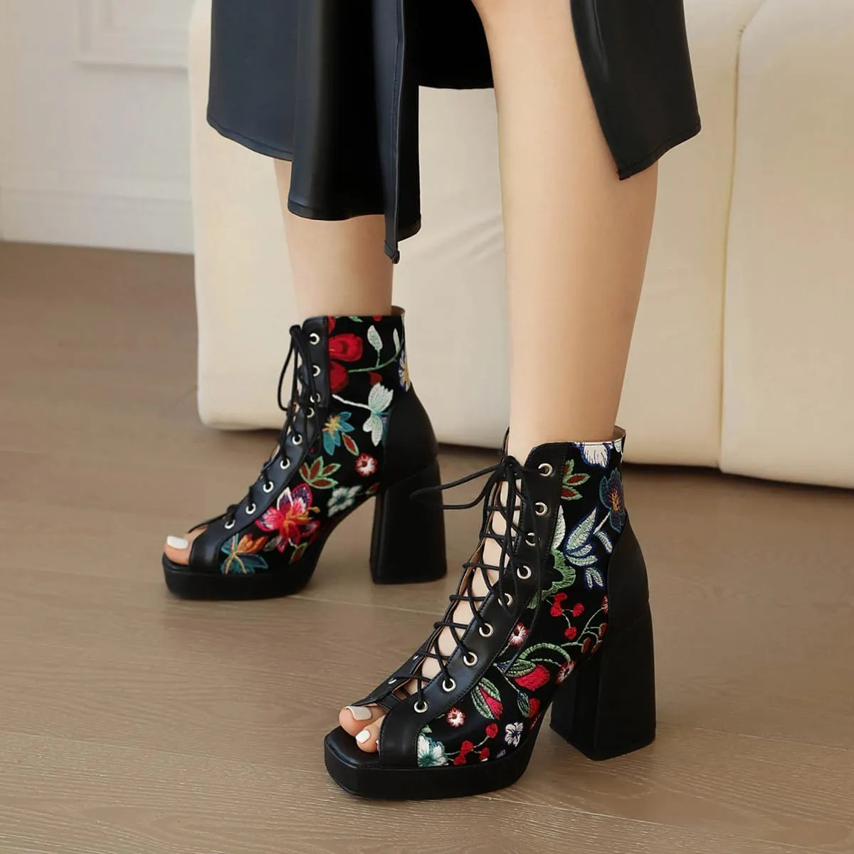 Women Platform Chunky Heel Sandal Booties Open Peep Square Toe Mesh Bootie Lace Up Gladiator Sandal Block High Heels Zipper Summer Boots Snakeskin Embroidered Caged Shoes Dressy 4-14 M US