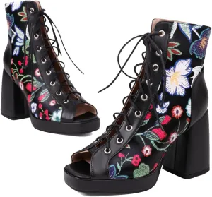 Women Platform Chunky Heel Sandal Booties Open Peep Square Toe Mesh Bootie Lace Up Gladiator Sandal Block High Heels Zipper Summer Boots Snakeskin Embroidered Caged Shoes Dressy 4-14 M US