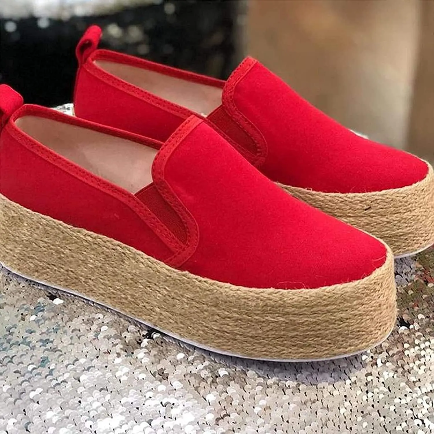 Women Sandals Espadrilles with Platform Tread Sole Flat Platform Slip-On Platform Hemp Rope Shoes Casual and Comfortable