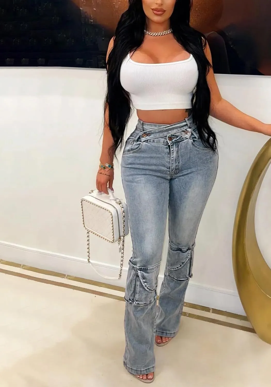 Women Sexy Skinny Stacked Jeans Butt Lifting Crossover High Waisted Stretch Cargo Jeans Y2k