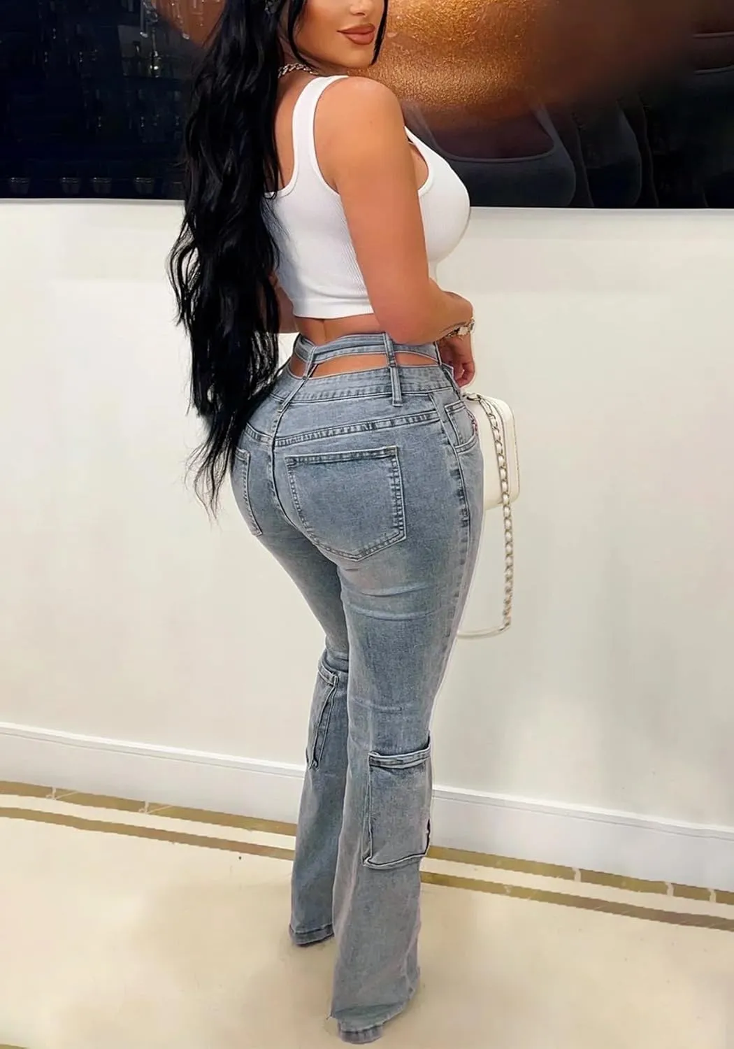 Women Sexy Skinny Stacked Jeans Butt Lifting Crossover High Waisted Stretch Cargo Jeans Y2k