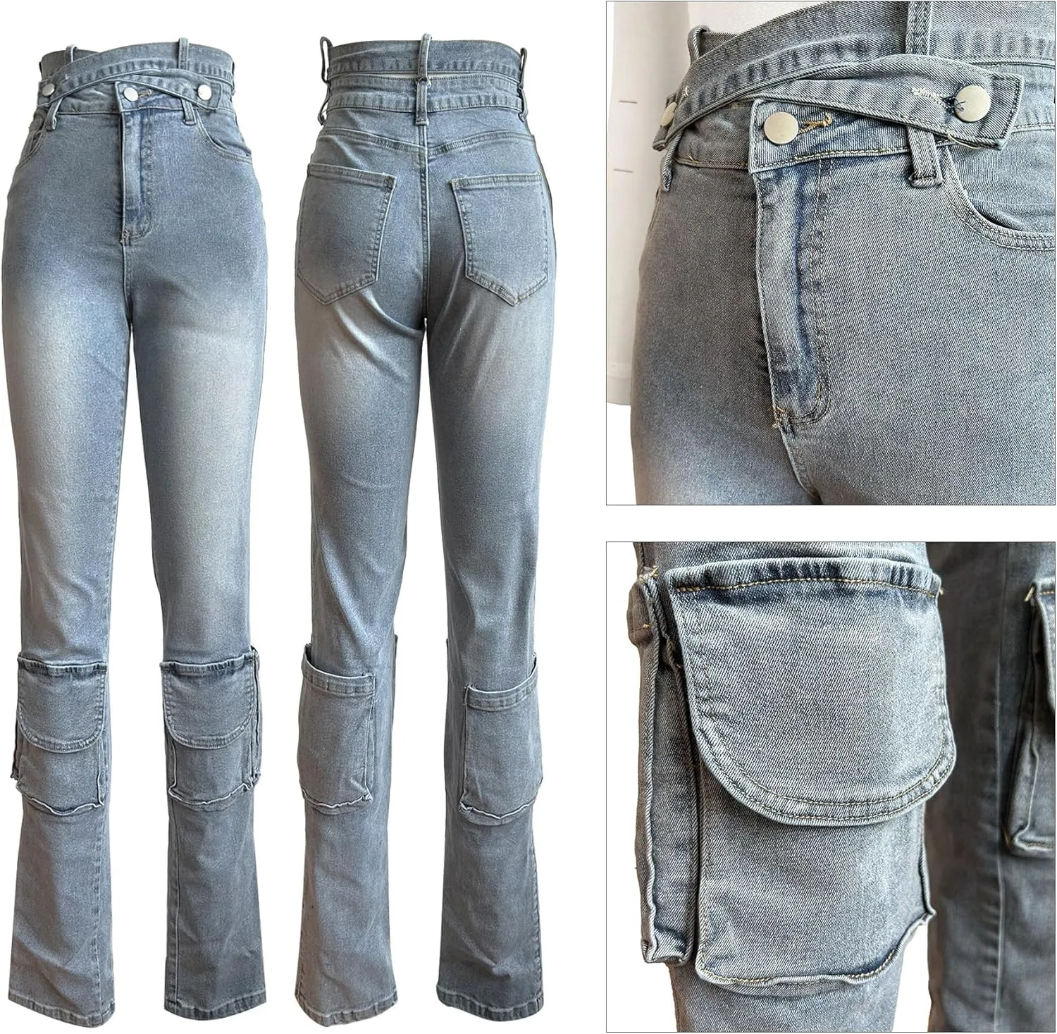Women Sexy Skinny Stacked Jeans Butt Lifting Crossover High Waisted Stretch Cargo Jeans Y2k