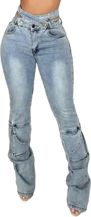 Women Sexy Skinny Stacked Jeans Butt Lifting Crossover High Waisted Stretch Cargo Jeans Y2k