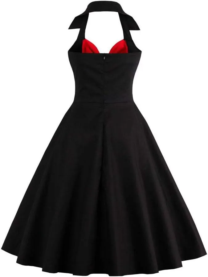 Women Vintage 1950s Rockabilly Swing Dress 50s Pinup Retro Hepburn Style A-Line Halterneck Floral Dresses