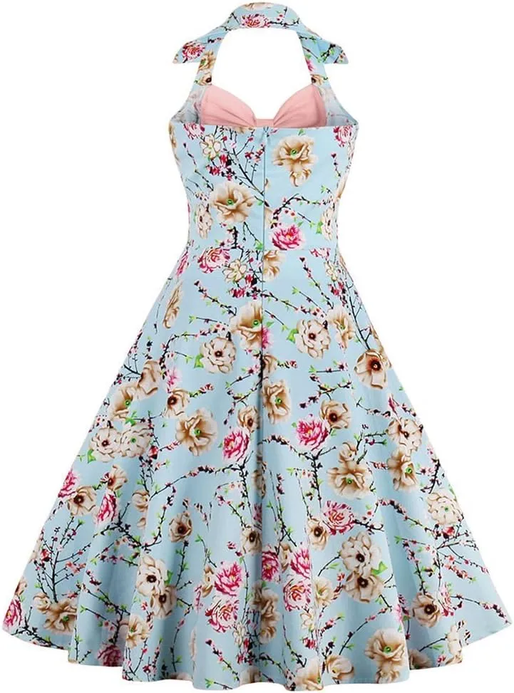Women Vintage 1950s Rockabilly Swing Dress 50s Pinup Retro Hepburn Style A-Line Halterneck Floral Dresses