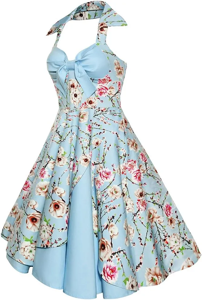 Women Vintage 1950s Rockabilly Swing Dress 50s Pinup Retro Hepburn Style A-Line Halterneck Floral Dresses