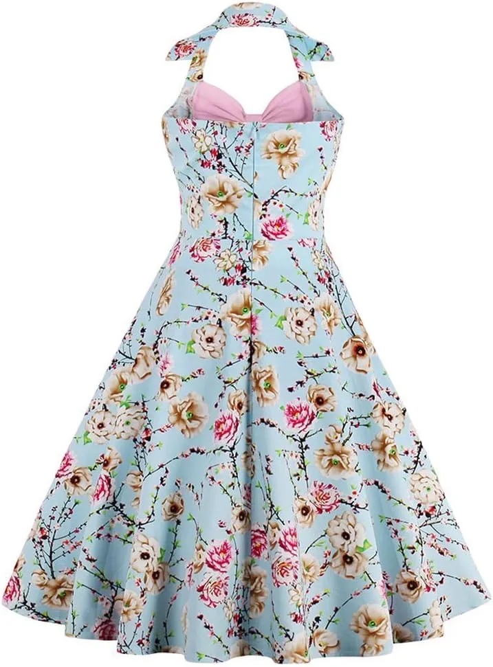 Women Vintage 1950s Rockabilly Swing Dress 50s Pinup Retro Hepburn Style A-Line Halterneck Floral Dresses