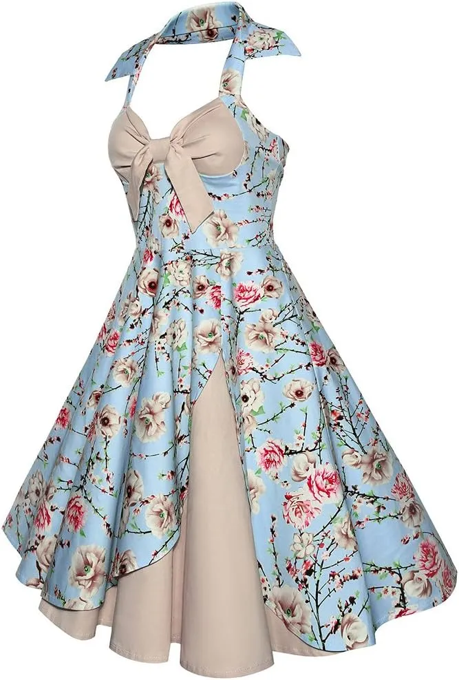Women Vintage 1950s Rockabilly Swing Dress 50s Pinup Retro Hepburn Style A-Line Halterneck Floral Dresses