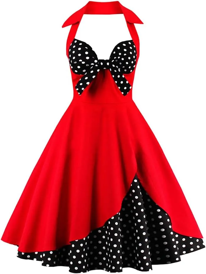 Women Vintage 1950s Rockabilly Swing Dress 50s Pinup Retro Hepburn Style A-Line Halterneck Floral Dresses