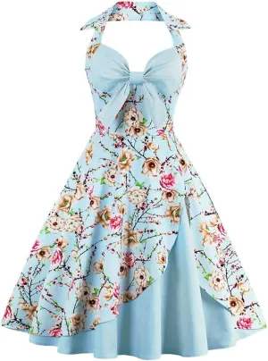 Women Vintage 1950s Rockabilly Swing Dress 50s Pinup Retro Hepburn Style A-Line Halterneck Floral Dresses