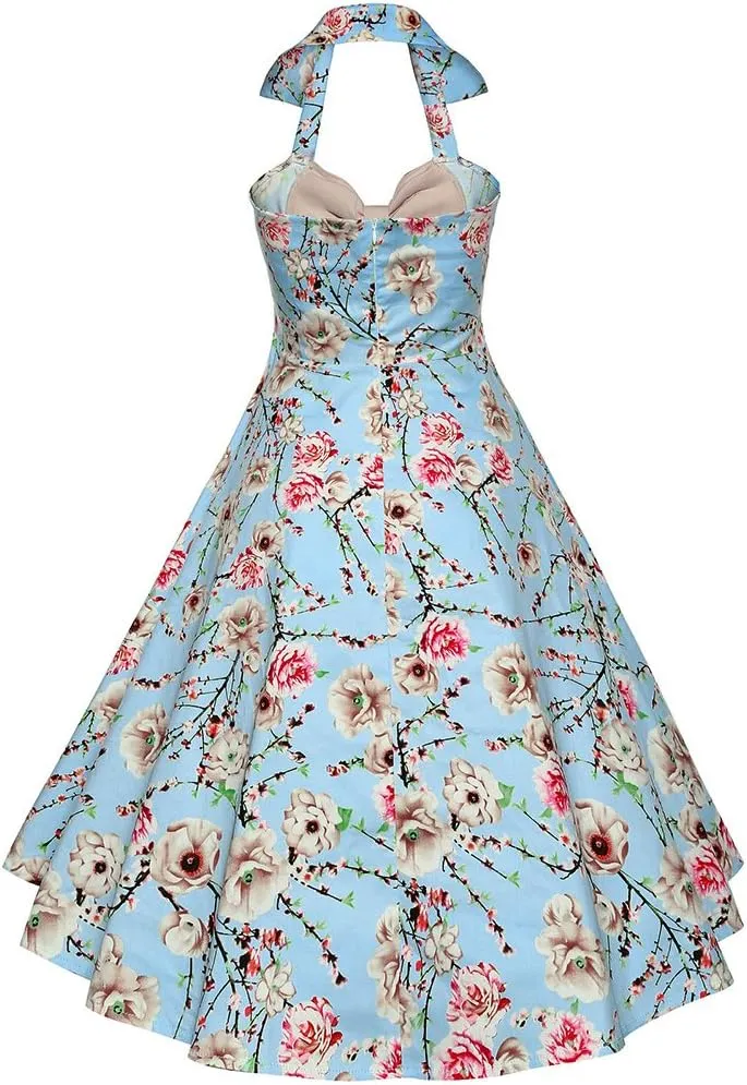 Women Vintage 1950s Rockabilly Swing Dress 50s Pinup Retro Hepburn Style A-Line Halterneck Floral Dresses