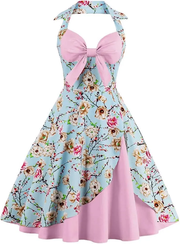 Women Vintage 1950s Rockabilly Swing Dress 50s Pinup Retro Hepburn Style A-Line Halterneck Floral Dresses