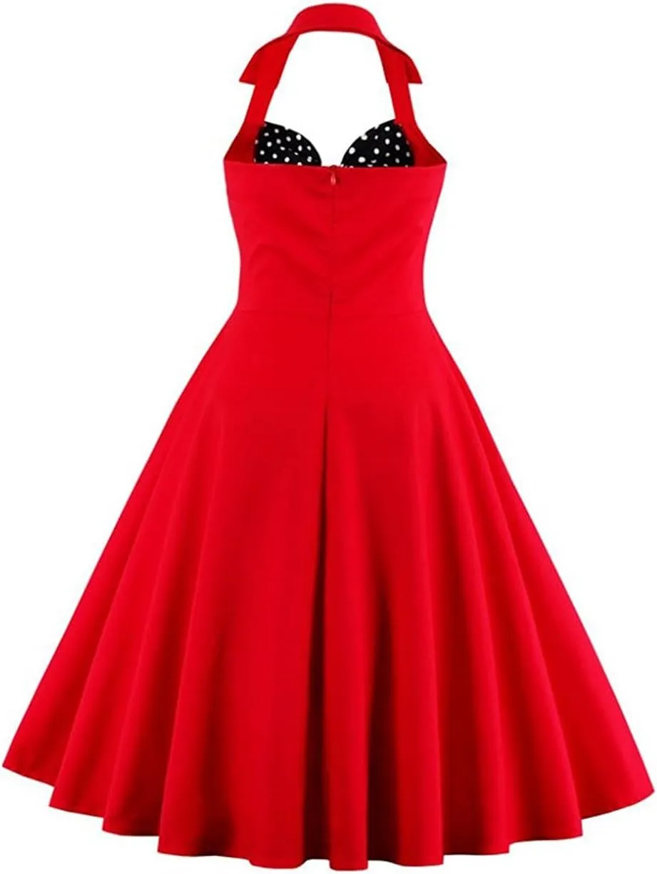 Women Vintage 1950s Rockabilly Swing Dress 50s Pinup Retro Hepburn Style A-Line Halterneck Floral Dresses