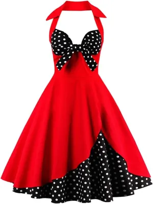 Women Vintage 1950s Rockabilly Swing Dress 50s Pinup Retro Hepburn Style A-Line Halterneck Floral Dresses
