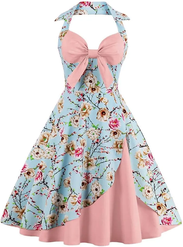 Women Vintage 1950s Rockabilly Swing Dress 50s Pinup Retro Hepburn Style A-Line Halterneck Floral Dresses