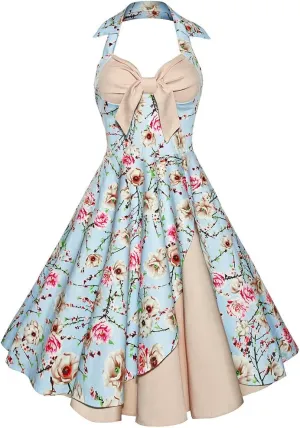 Women Vintage 1950s Rockabilly Swing Dress 50s Pinup Retro Hepburn Style A-Line Halterneck Floral Dresses