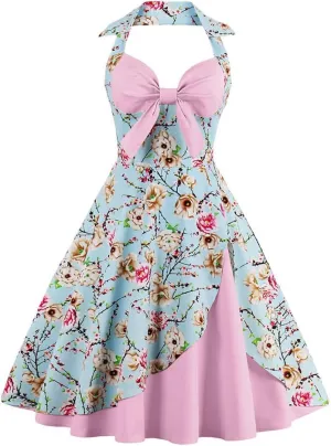 Women Vintage 1950s Rockabilly Swing Dress 50s Pinup Retro Hepburn Style A-Line Halterneck Floral Dresses