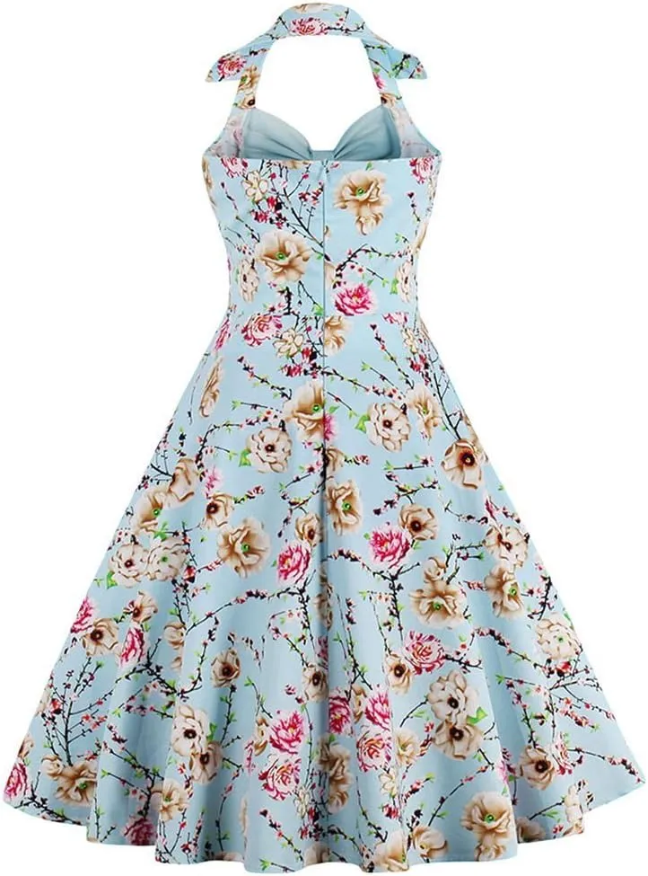 Women Vintage 1950s Rockabilly Swing Dress 50s Pinup Retro Hepburn Style A-Line Halterneck Floral Dresses