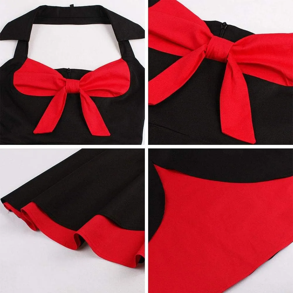 Women Vintage 1950s Rockabilly Swing Dress 50s Pinup Retro Hepburn Style A-Line Halterneck Floral Dresses