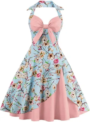 Women Vintage 1950s Rockabilly Swing Dress 50s Pinup Retro Hepburn Style A-Line Halterneck Floral Dresses