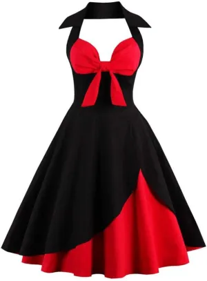 Women Vintage 1950s Rockabilly Swing Dress 50s Pinup Retro Hepburn Style A-Line Halterneck Floral Dresses