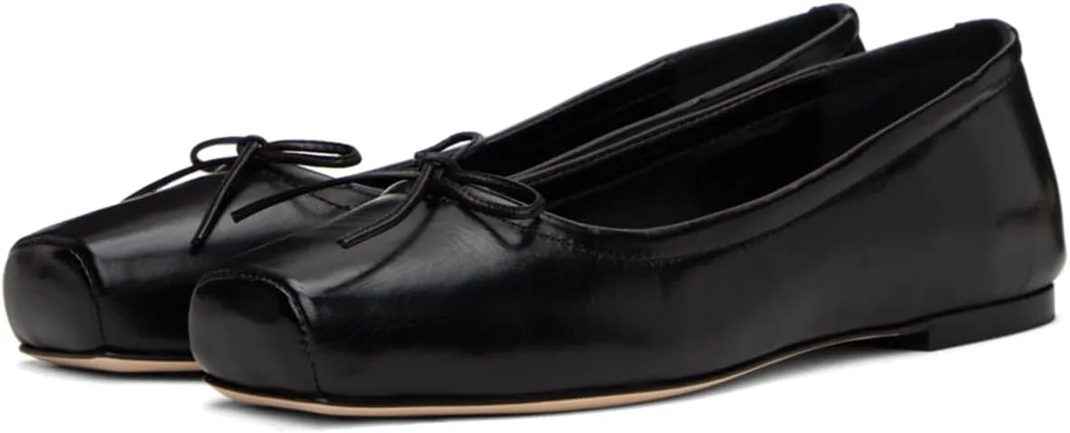 Women Vintage Square Toe Ballet Flats Bow Slip On Satin Flats Comfortable Matte Leather Metallic Flats Office Ladies Work Flat Heel Dress Shoes Club Driving Flat Shoes Spring 4-11 M US