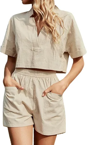 Women Workout Sets Women's Vacation Fashion Casual Two Piece Set Short Pants Short Sleeve Active Wear Sets For Long