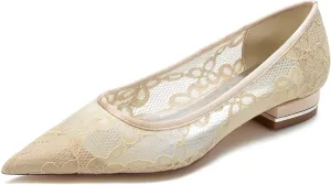 Women's Breathable Crochet Lace Floral Ballet Flats - Pointed Toe Bridal Shoes for Wedding Party, Comfortable Cushioned Bridesmaid Dress Sandals