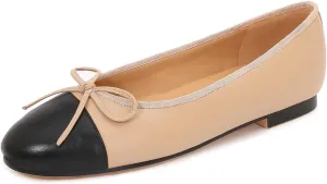 Women's Cap Toe Ballet Flats Two Tone Bow Flats Round Toe Shoes for Women Slip on Casual, Work, Dress Flats Pumps for Women
