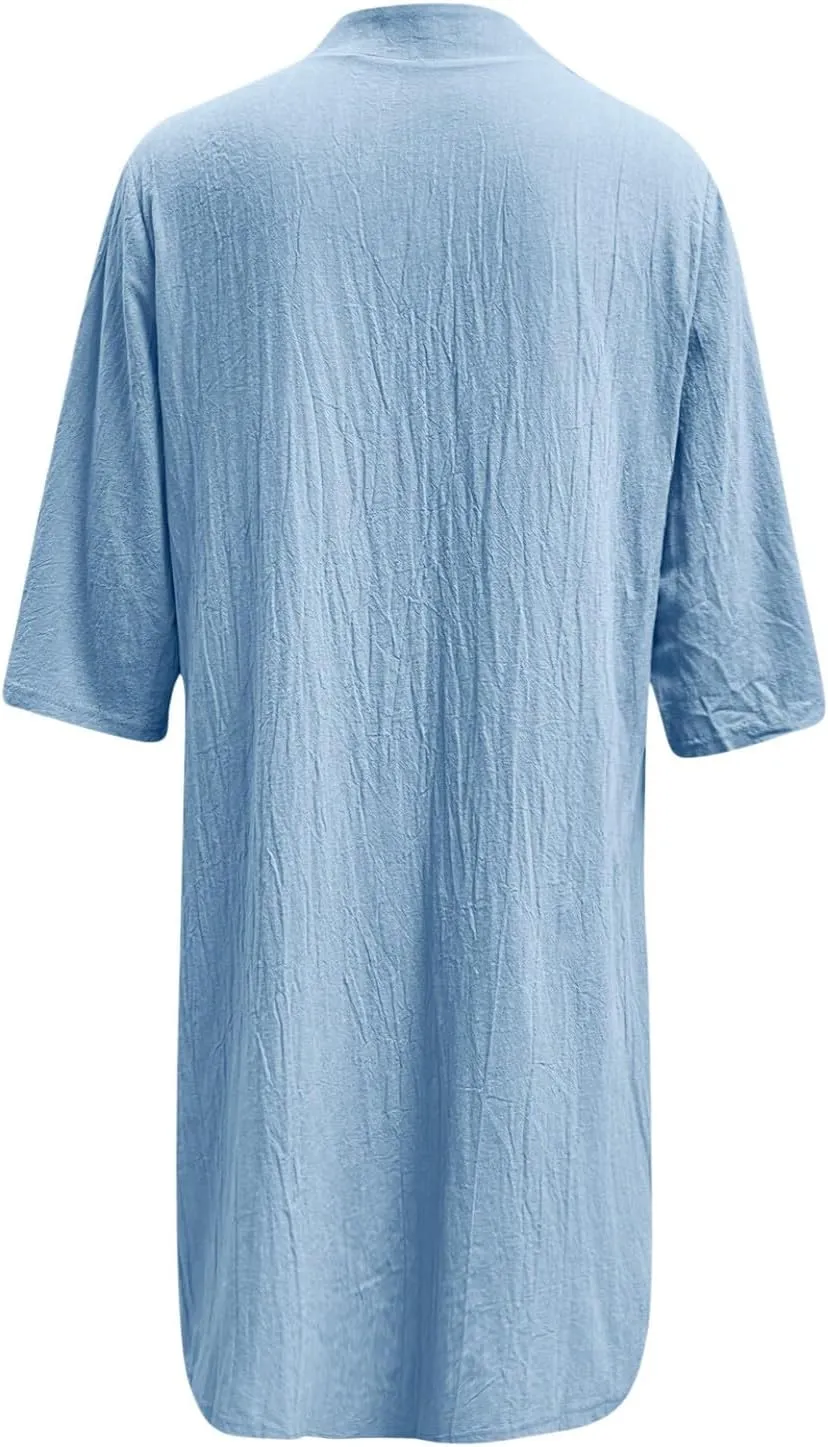 Womens Cotton Linen Button Down Midi Shirt Dress Casual Summer Beach Half Sleeve V Neck Knee Length Cute Dressy Dress