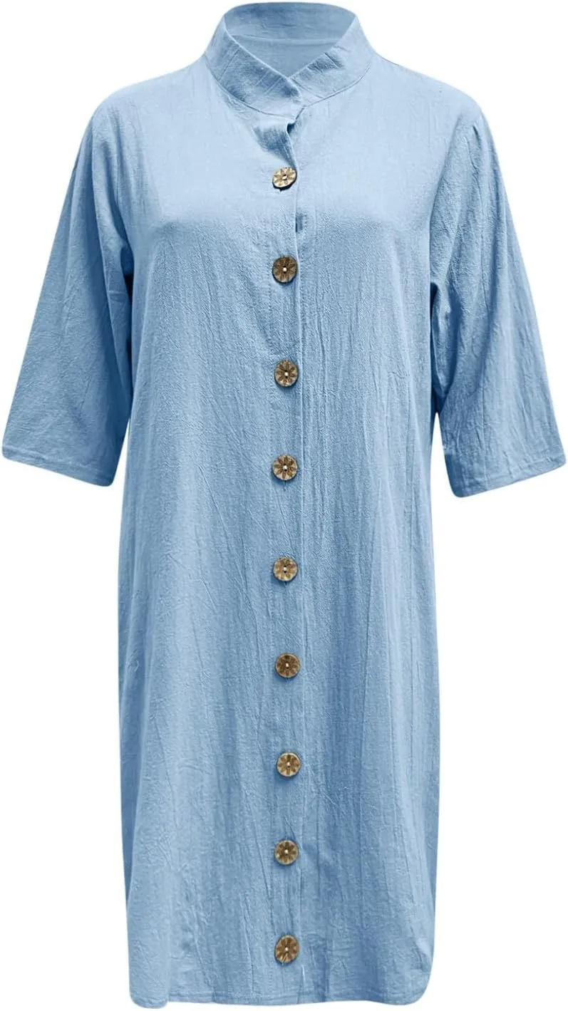 Womens Cotton Linen Button Down Midi Shirt Dress Casual Summer Beach Half Sleeve V Neck Knee Length Cute Dressy Dress
