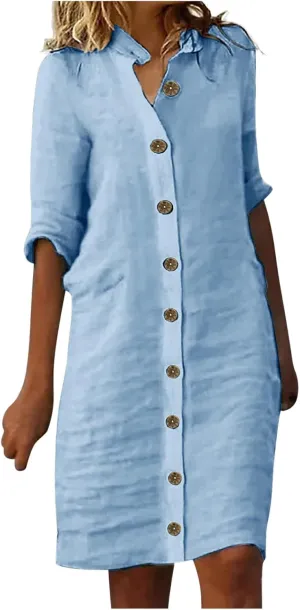 Womens Cotton Linen Button Down Midi Shirt Dress Casual Summer Beach Half Sleeve V Neck Knee Length Cute Dressy Dress