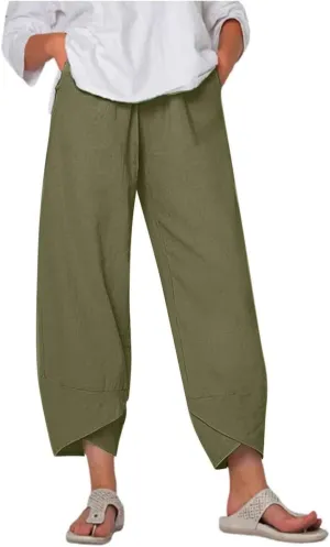 Womens Cotton Linen Capri Pants,High Waisted Comfy Baggy Trousers,Cotton Linen Pant Summer Casual Capri Pants with Pockets