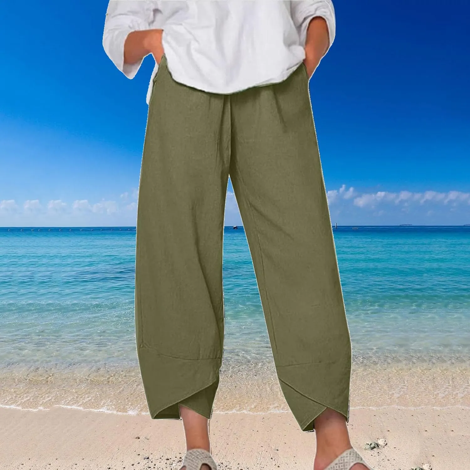 Womens Cotton Linen Capri Pants,High Waisted Comfy Baggy Trousers,Cotton Linen Pant Summer Casual Capri Pants with Pockets