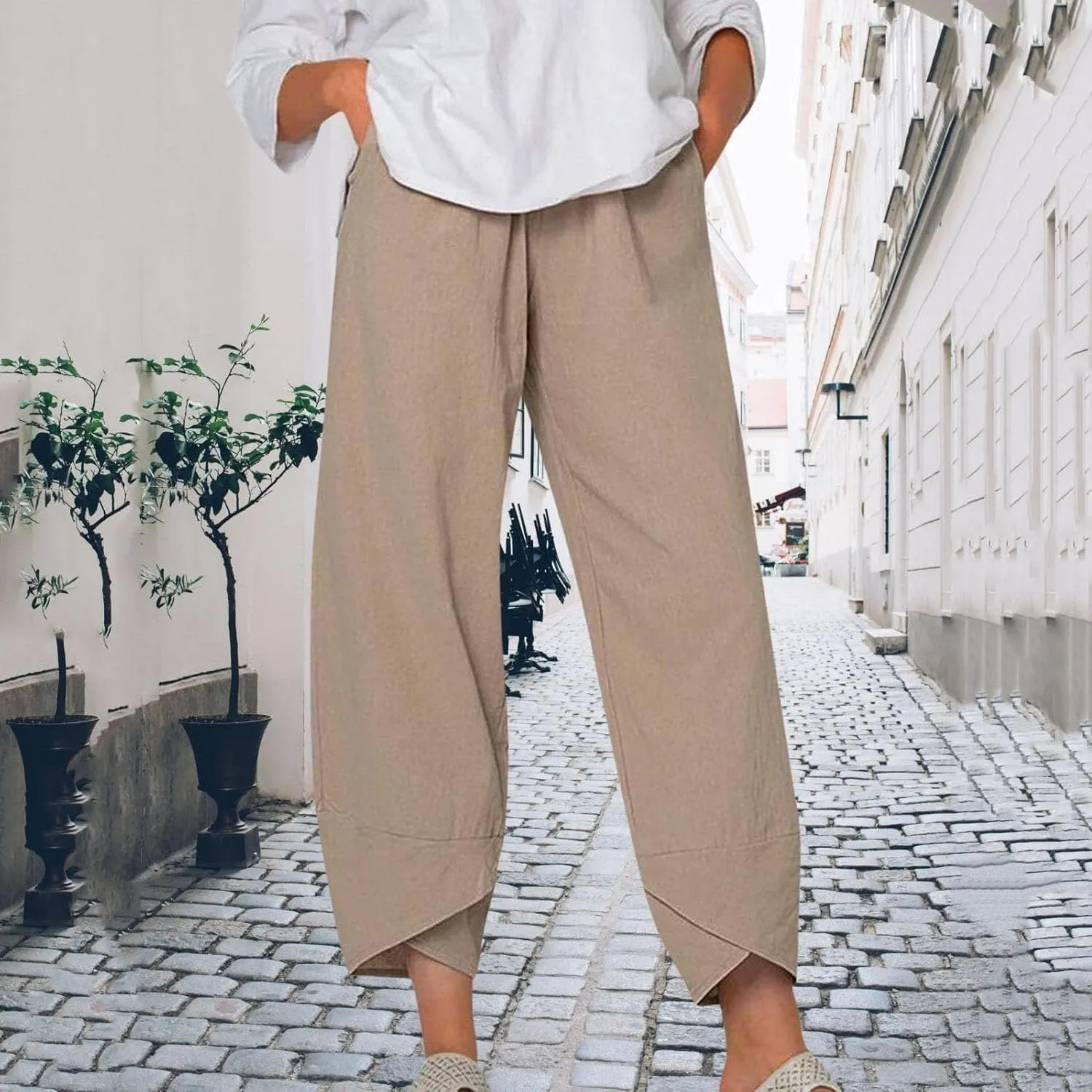 Womens Cotton Linen Capri Pants,High Waisted Comfy Baggy Trousers,Cotton Linen Pant Summer Casual Capri Pants with Pockets