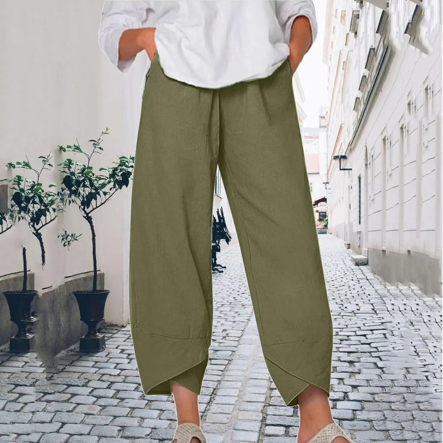 Womens Cotton Linen Capri Pants,High Waisted Comfy Baggy Trousers,Cotton Linen Pant Summer Casual Capri Pants with Pockets